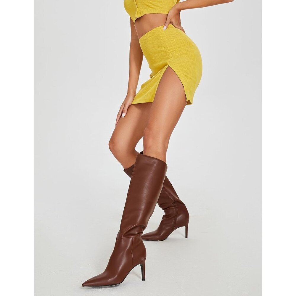 🆕Women Brown Faux Leather Pointed Toe Tall  Stiletto Heel Zipper Dress Boots - Picture 7 of 8